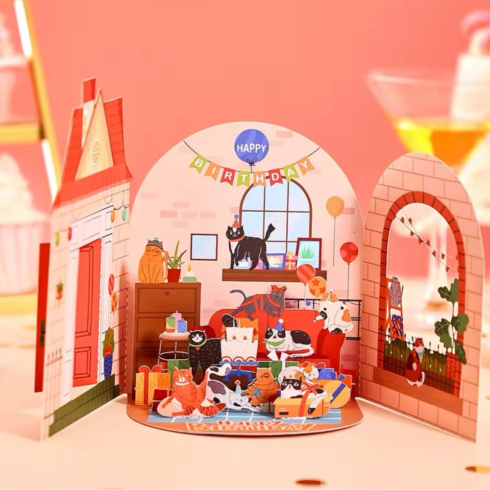 Birthday Day Greetings Card Funny Cat Double Door Pop Up 3D Card Creativ